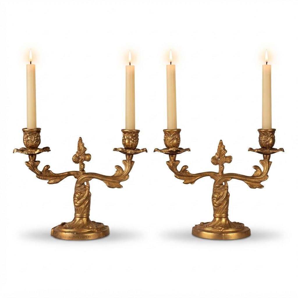 Pair of Antique Louis XV Style Gilt Bronze Two-Light Candelabra, Rocaille Scroll Arms with Flower Bud Cups, circa 1880