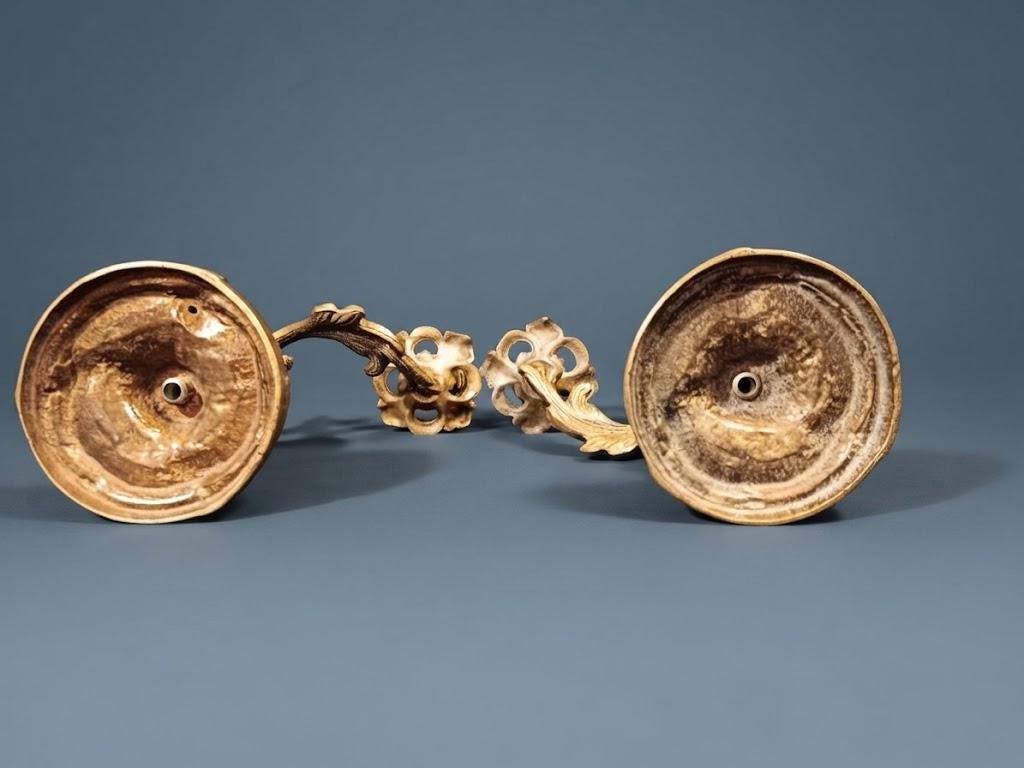 Pair of Antique Louis XV Style Gilt Bronze Two-Light Candelabra, Rocaille Scroll Arms with Flower Bud Cups, circa 1880