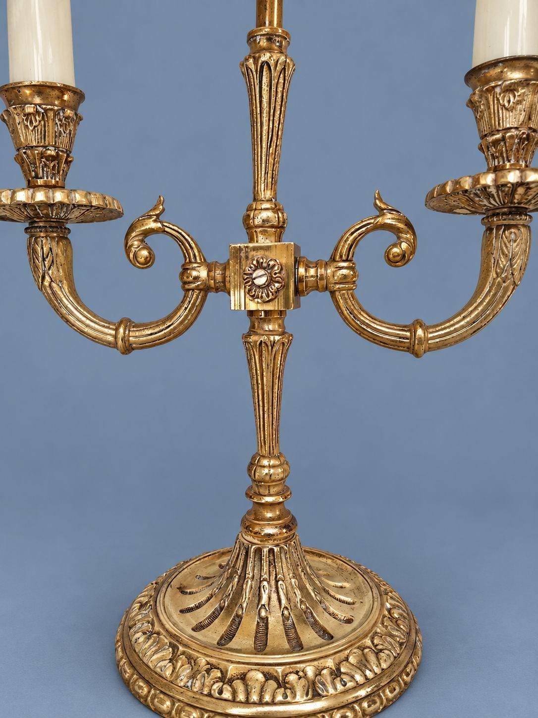 Vintage Louis XVI Style Bronze Bouillotte Lamp with Black Tole Shade and Gilt Laurel Leaf Bands, Two Lights, Rosette Stem