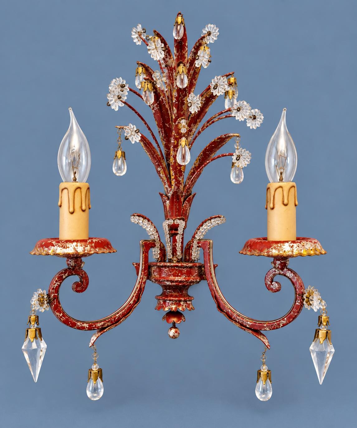 Vintage Red and Gilt Tole Wall Sconce with Crystal Flowers and Drops, Pineapple Leaf Plume, Two Lights, Hollywood Regency