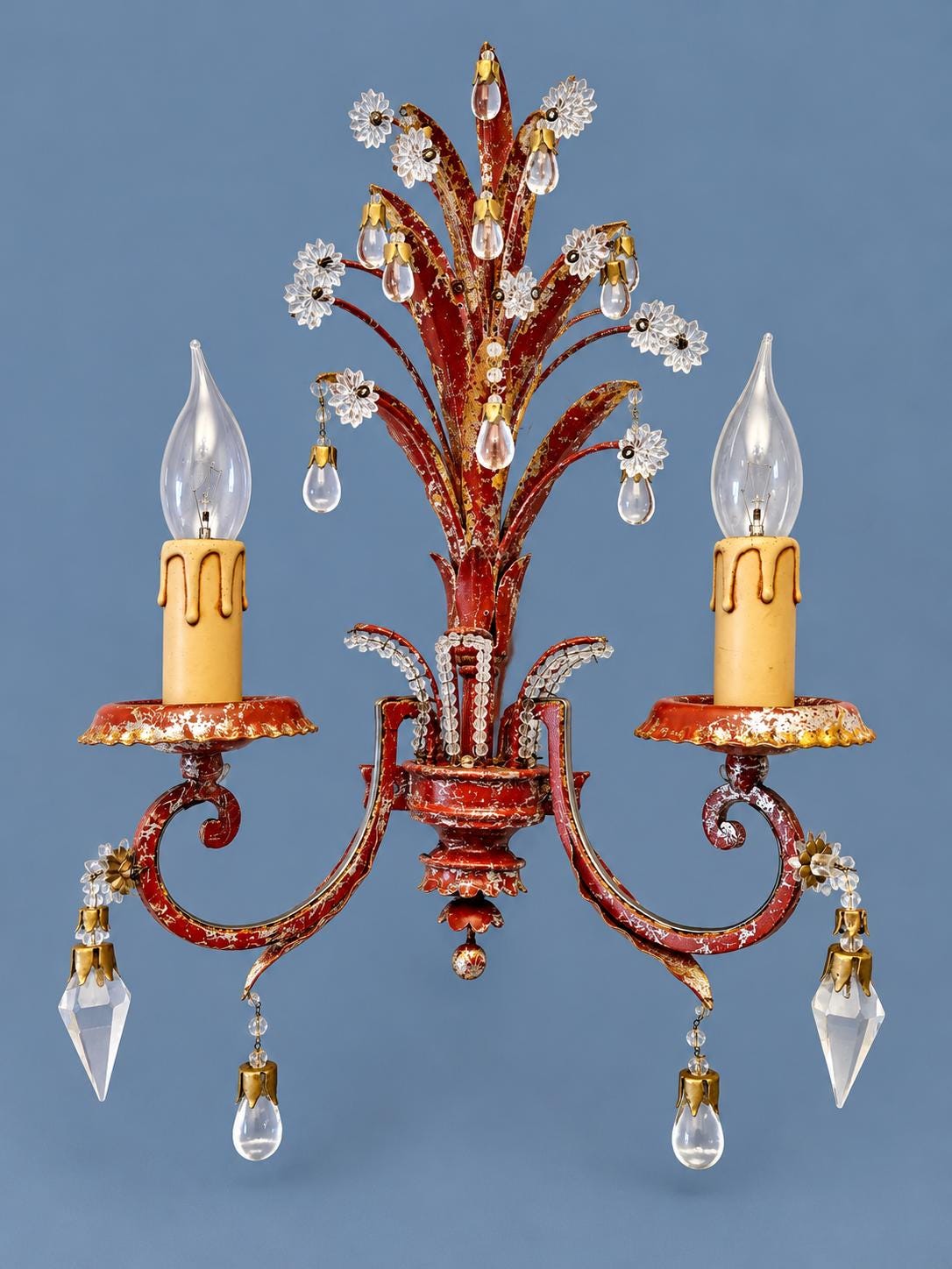 Vintage Red and Gilt Tole Wall Sconce with Crystal Flowers and Drops, Pineapple Leaf Plume, Two Lights, Hollywood Regency