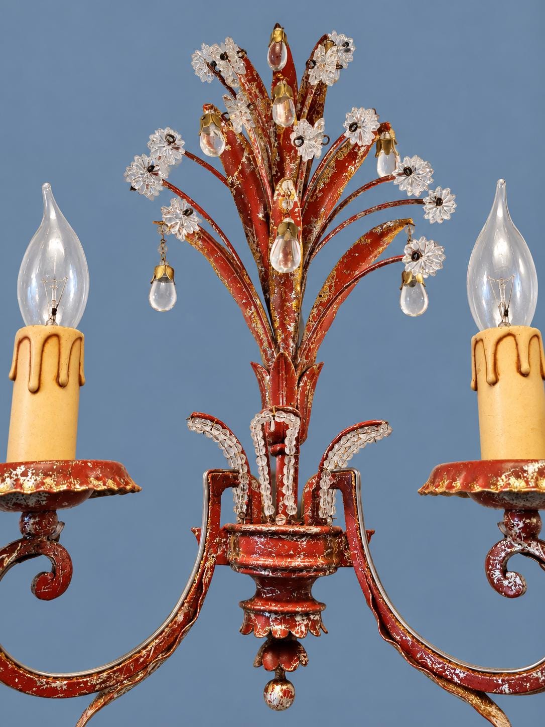 Vintage Red and Gilt Tole Wall Sconce with Crystal Flowers and Drops, Pineapple Leaf Plume, Two Lights, Hollywood Regency