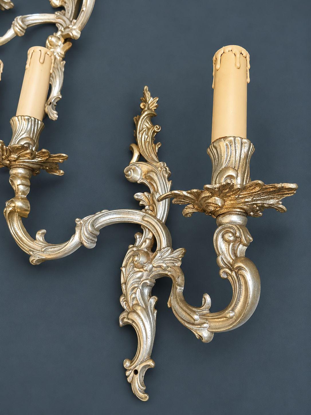 Set of Four Vintage Louis XV Style Bronze Wall Sconces, Two-Arm Rocaille Acanthus Design with Leaf Bobeches, Two Pairs
