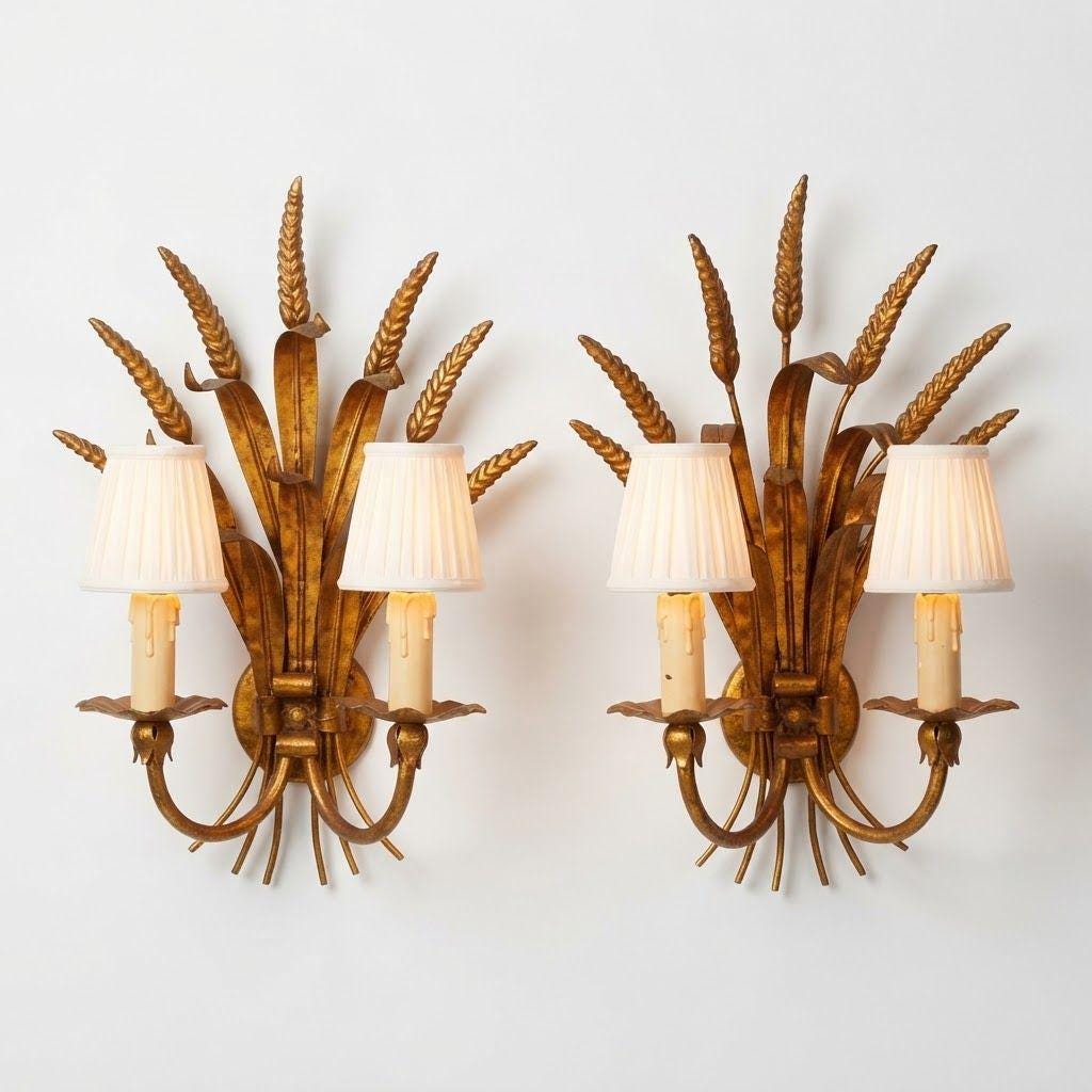 Pair of Vintage Gilt Tole Wheat Sheaf Wall Sconces, Two-Light Hollywood Regency Design with Ribbon Tie and Drip Sleeves