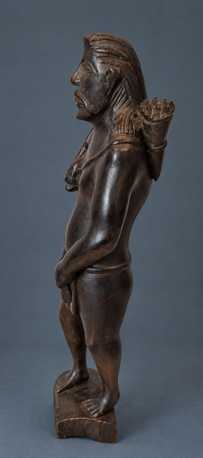 Vintage Hand-Carved Dark Wood Hunter Figure with Spear and Quiver of Arrows, Standing Warrior Statue, Folk Art Sculpture