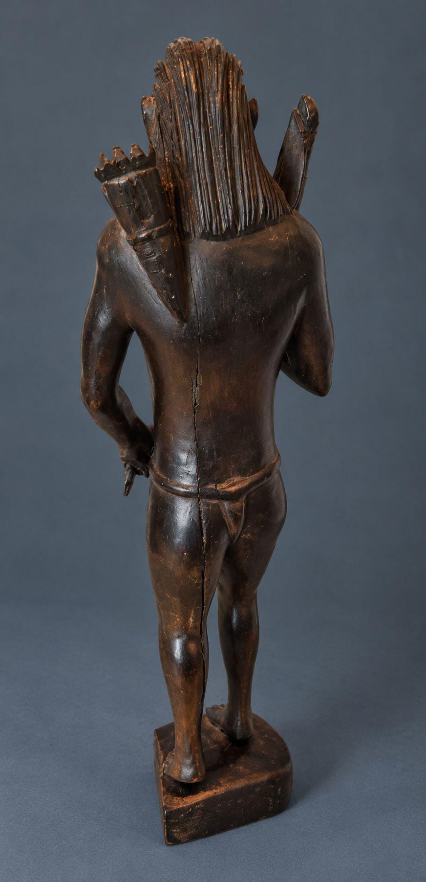 Vintage Hand-Carved Dark Wood Hunter Figure with Spear and Quiver of Arrows, Standing Warrior Statue, Folk Art Sculpture