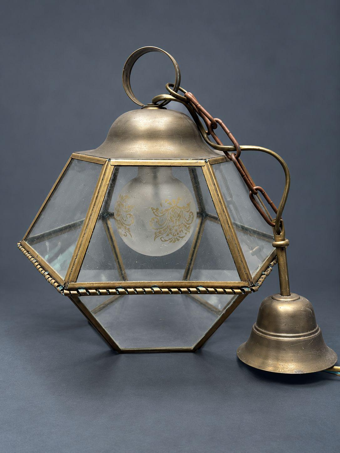 Vintage Hexagonal Brass and Glass Hall Lantern Pendant, Rope Twist Band, Etched Frosted Globe Inside, Bell Canopy and Chain