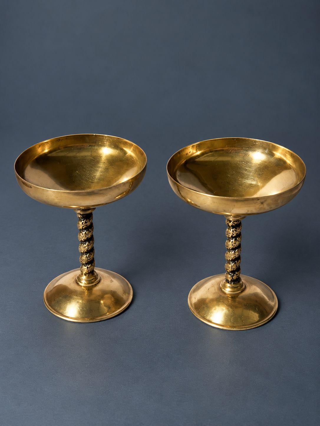 Pair of Vintage Brass Champagne Coupes with Twisted Grape Vine Stems, Footed Goblets, Mid Century Bar Cart or Table Decor