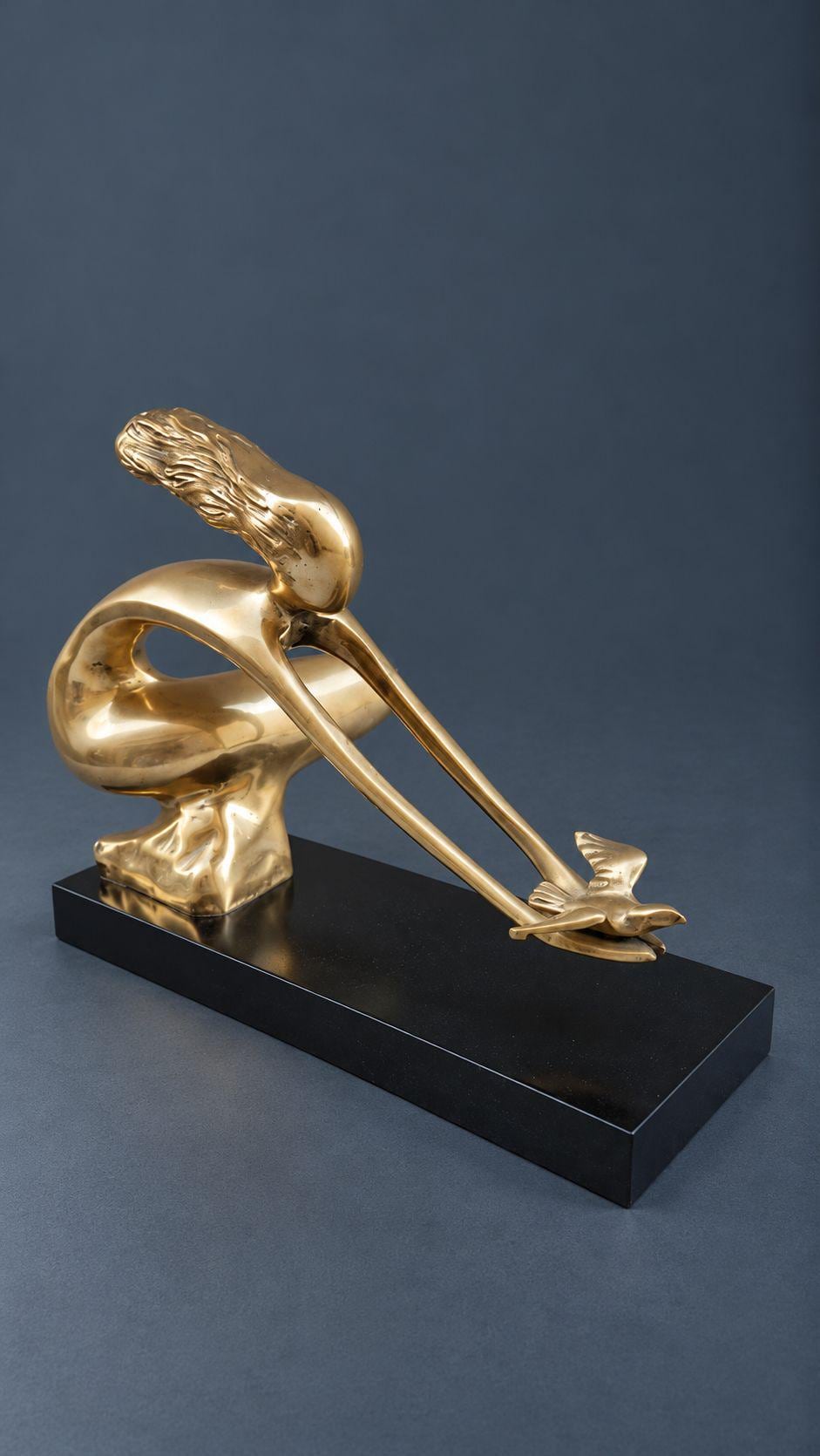 Vintage Modernist Brass or Bronze Sculpture, Stylized Woman Releasing a Dove on Black Wood Base, Peace Symbol Art Decor