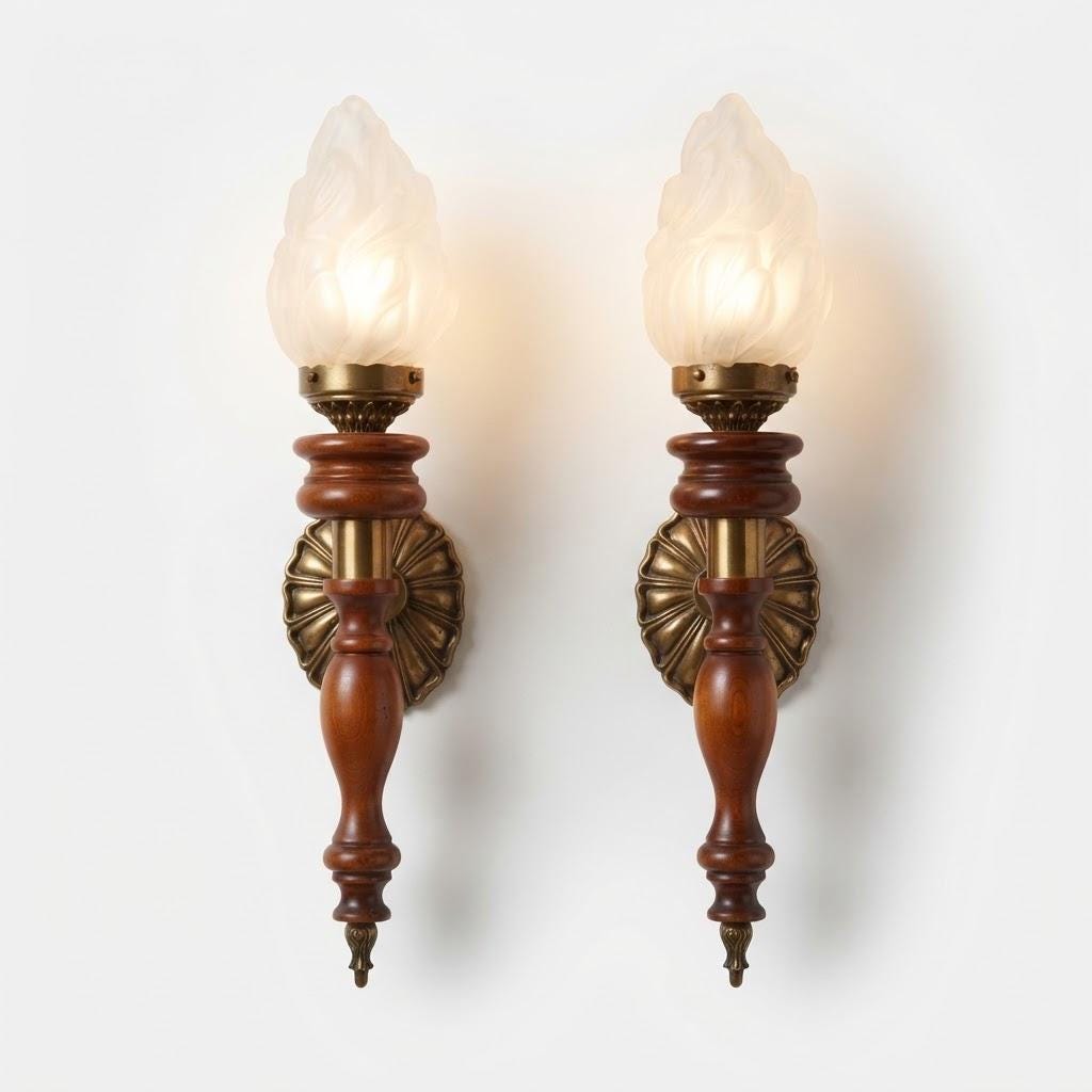 Pair of Vintage Wood and Brass Torch Wall Sconces with Frosted Glass Flame Shades, Turned Wood Body, Shell Wall Plate