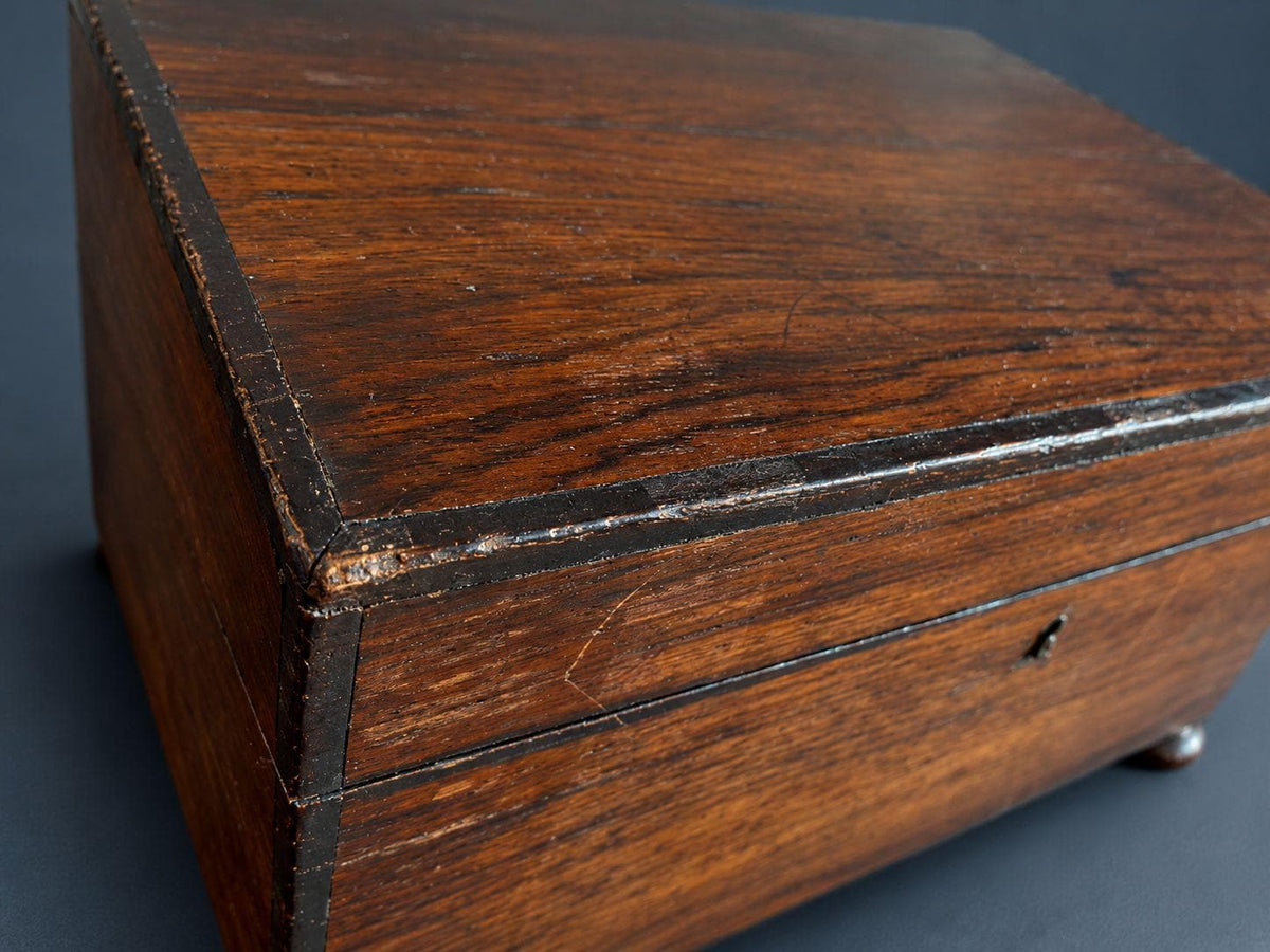 Antique Style Rosewood Tea Caddy on Bun Feet, Fitted Interior with Lidded Compartment, Working Lock and Key, Keepsake Box
