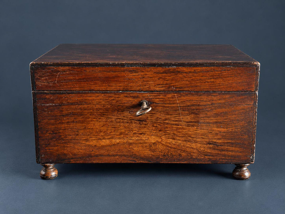Antique Style Rosewood Tea Caddy on Bun Feet, Fitted Interior with Lidded Compartment, Working Lock and Key, Keepsake Box