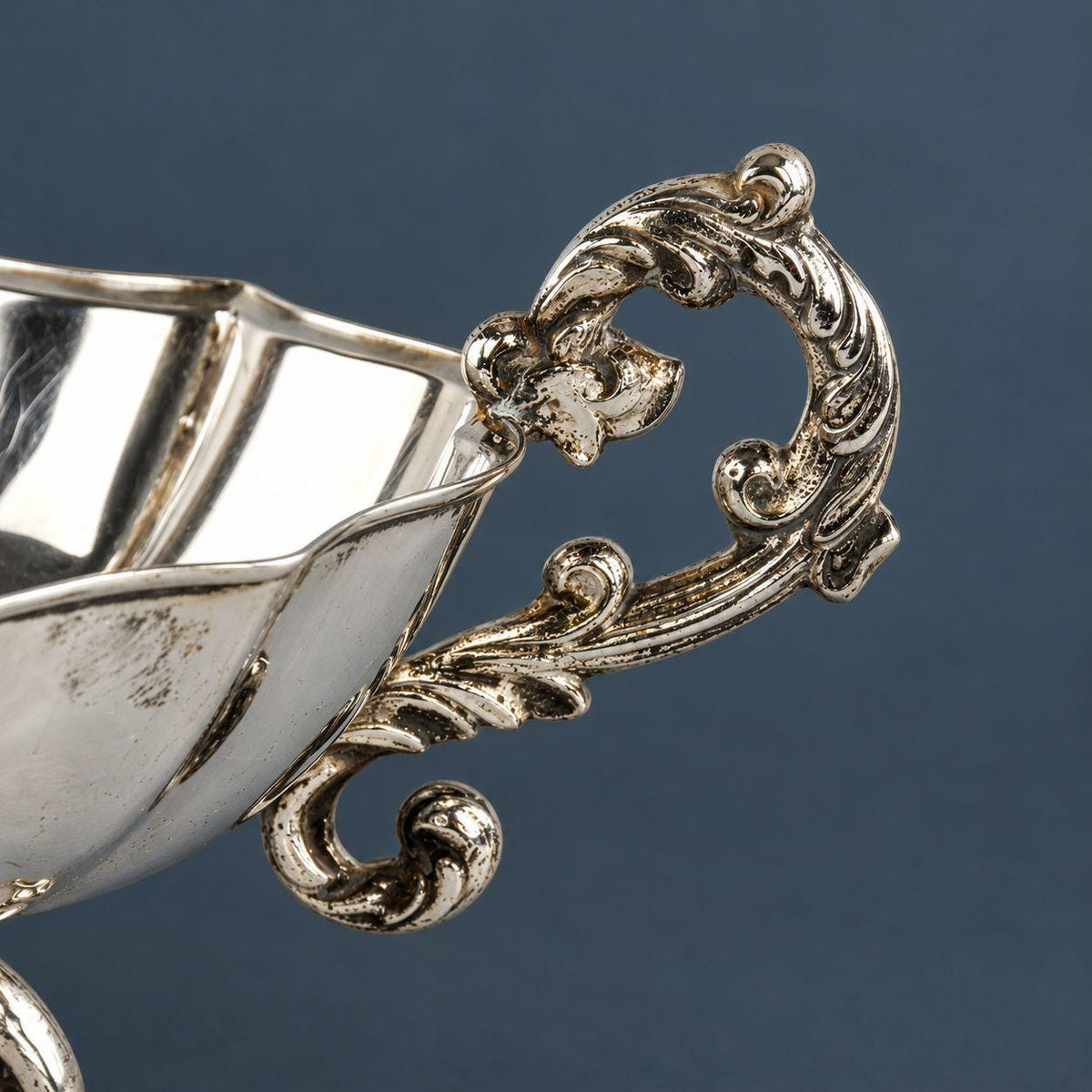 Vintage Silver-Tone Swan Pedestal Bowl, Two-Handled Footed Salt or Bonbon Dish with Scroll Handles and Scalloped Base
