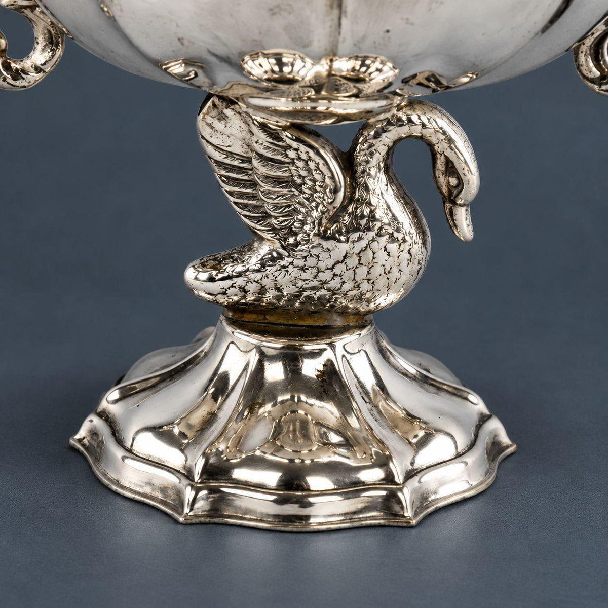 Vintage Silver-Tone Swan Pedestal Bowl, Two-Handled Footed Salt or Bonbon Dish with Scroll Handles and Scalloped Base