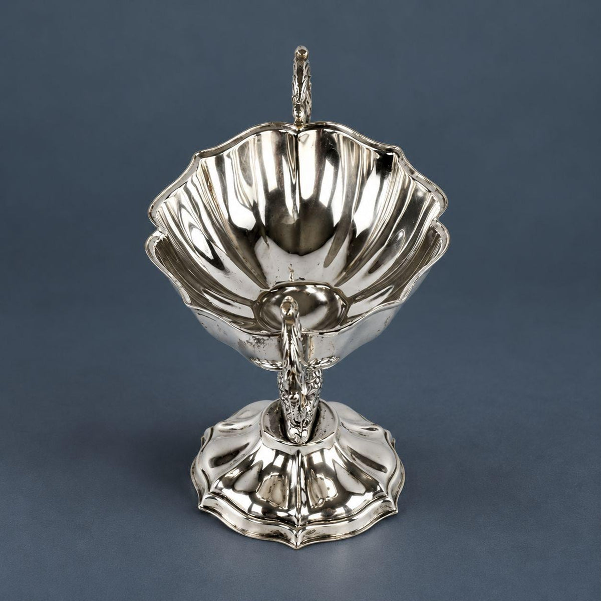 Vintage Silver-Tone Swan Pedestal Bowl, Two-Handled Footed Salt or Bonbon Dish with Scroll Handles and Scalloped Base