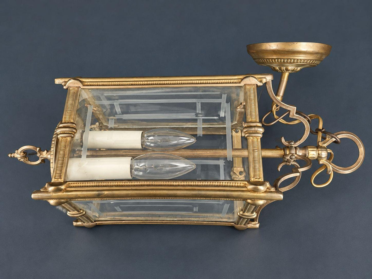 Vintage Louis XVI Style Bronze and Glass Hall Lantern, Two-Light Square Pendant with Etched Panes, Reeded Frame and Ribbon Bow