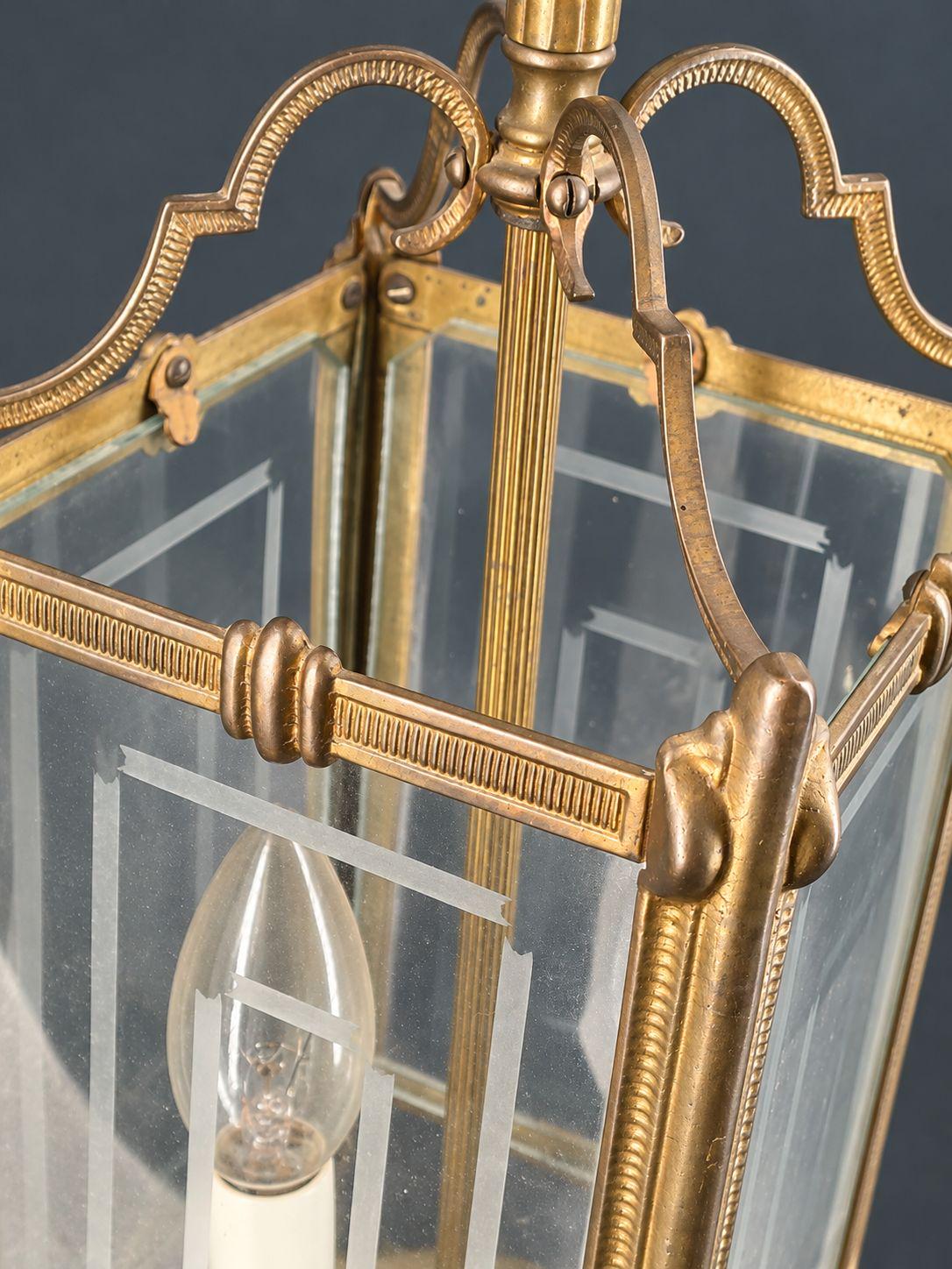 Vintage Louis XVI Style Bronze and Glass Hall Lantern, Two-Light Square Pendant with Etched Panes, Reeded Frame and Ribbon Bow