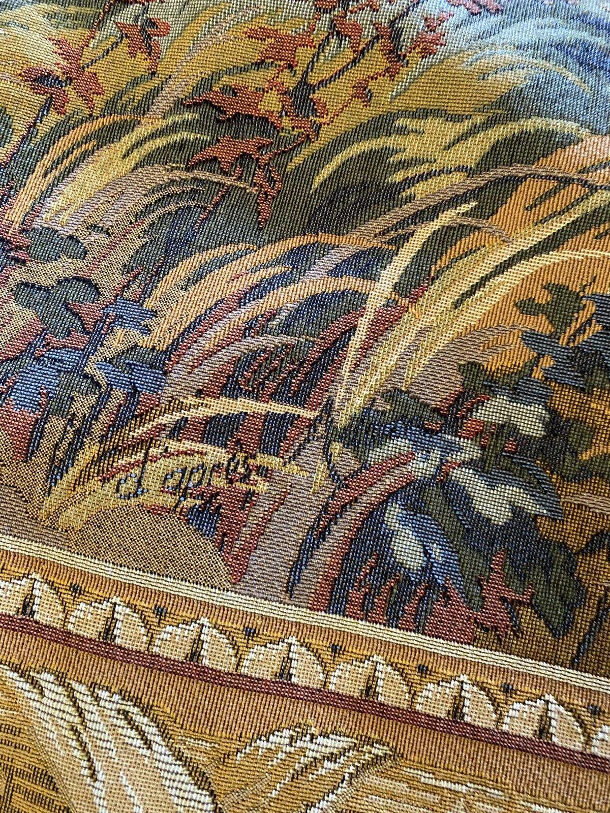Vintage Flemish Woven Jacquard Wall Tapestry, Washerwoman by a River Landscape with Rose Ribbon Border, 61 x 45 Inches