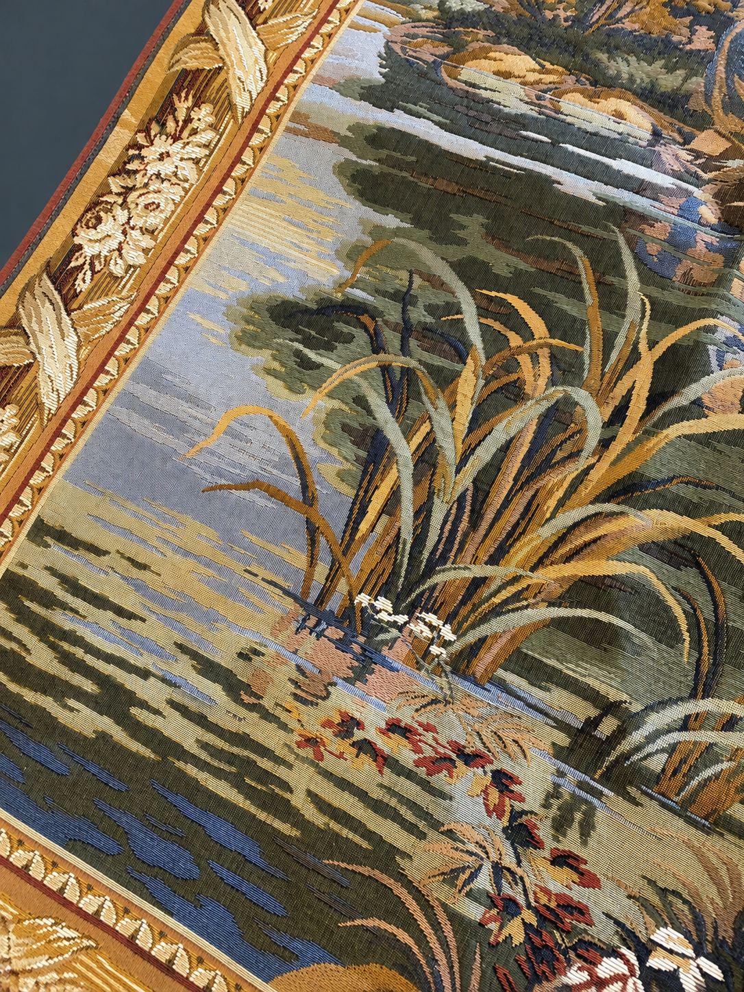 Vintage Flemish Woven Jacquard Wall Tapestry, Washerwoman by a River Landscape with Rose Ribbon Border, 61 x 45 Inches