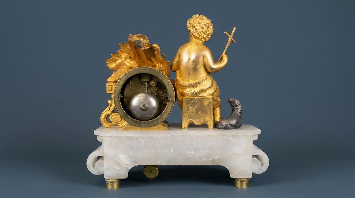 Antique Gilt Figural Mantel Clock on Alabaster Base, Young Saint John the Baptist with Cross and Lamb, Striking, circa 1855