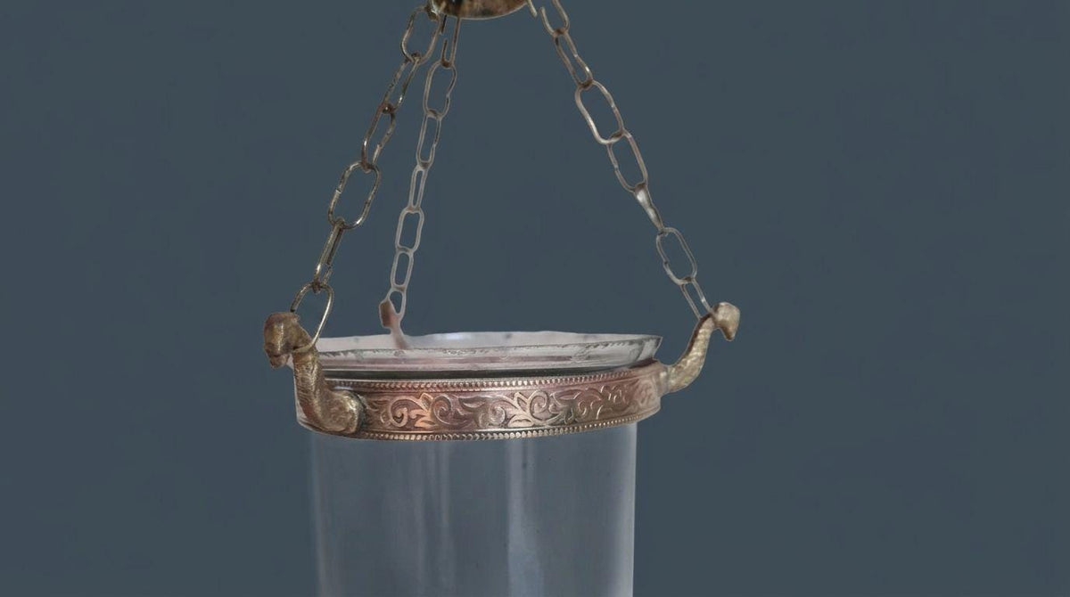 Antique Hand-Blown Glass Bell Jar Hanging Lantern, Embossed Copper Band with Bird Head Hooks and Chains, Candle Hurricane