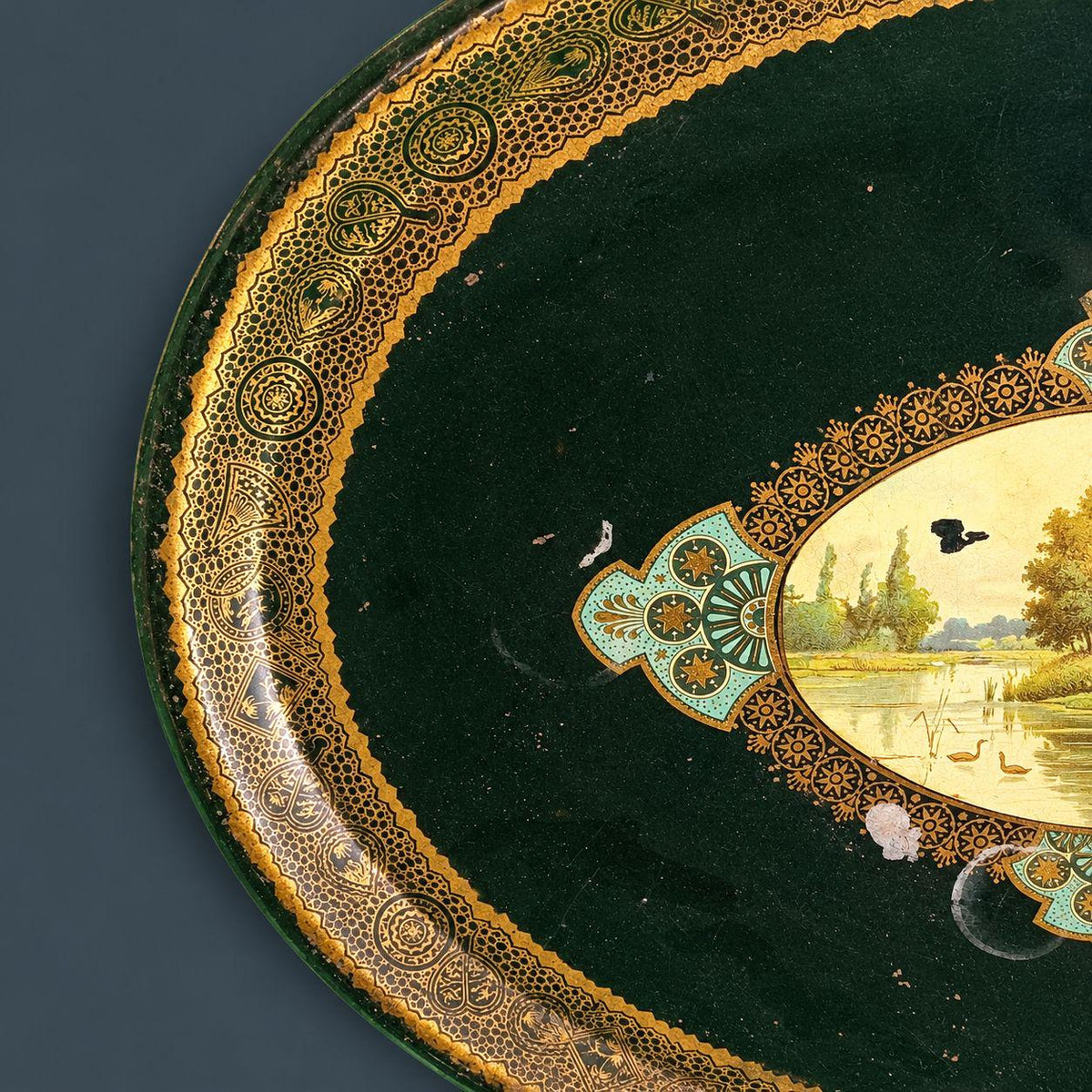 Antique Napoleon III Painted Tole Tray, Large Oval Black Toleware with Gilt Border and Swan Lake Landscape Cartouche