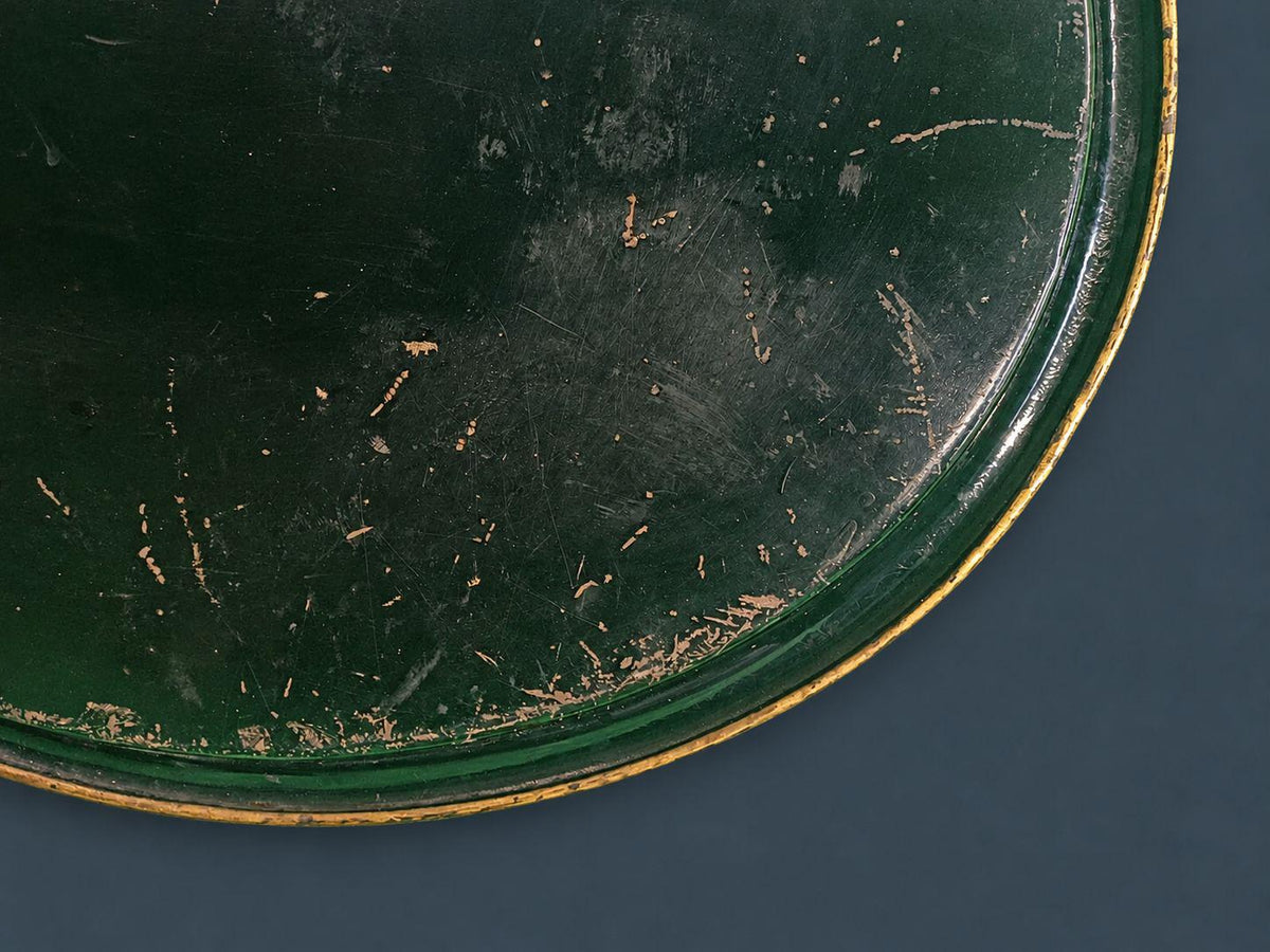 Antique Napoleon III Painted Tole Tray, Large Oval Black Toleware with Gilt Border and Swan Lake Landscape Cartouche