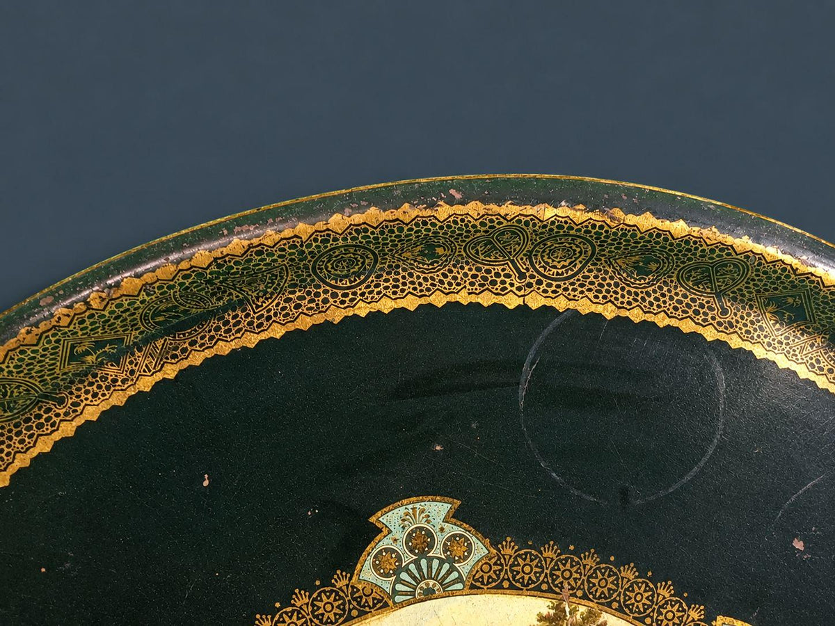 Antique Napoleon III Painted Tole Tray, Large Oval Black Toleware with Gilt Border and Swan Lake Landscape Cartouche