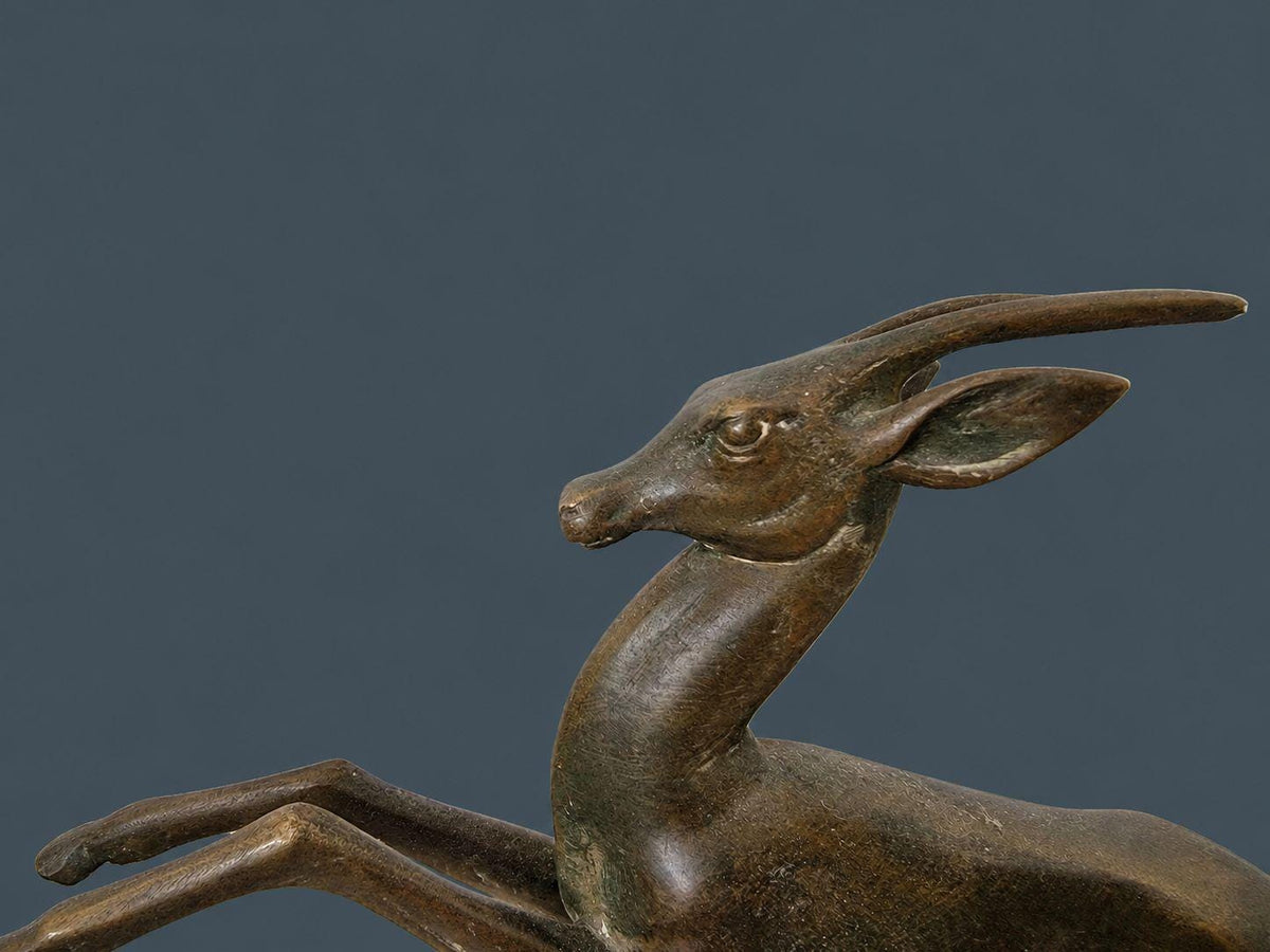 Vintage 1930s Art Deco Diana the Huntress Sculpture with Leaping Gazelle, Spelter on Marble and Onyx Base, Dog Show Trophy