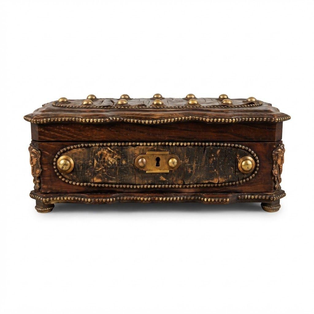 Antique 19th Century Neo-Renaissance Oak Casket, Studded Mottled Plaques and Gilt Caryatid Mask Mounts, Long Glove or Jewelry Box