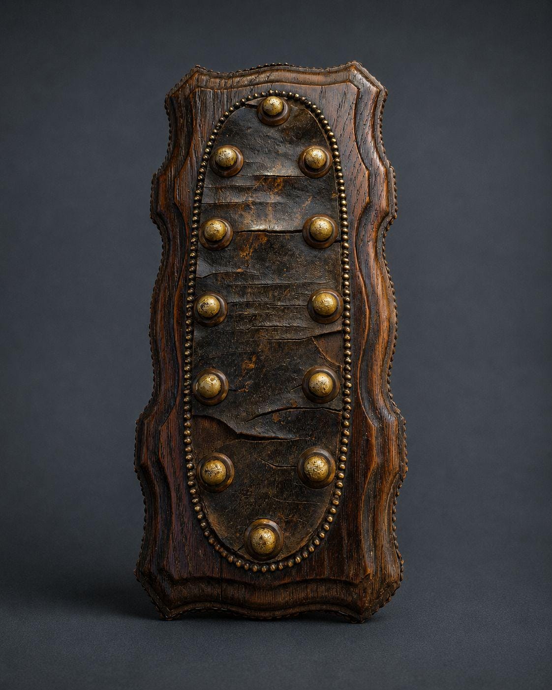 Antique 19th Century Neo-Renaissance Oak Casket, Studded Mottled Plaques and Gilt Caryatid Mask Mounts, Long Glove or Jewelry Box
