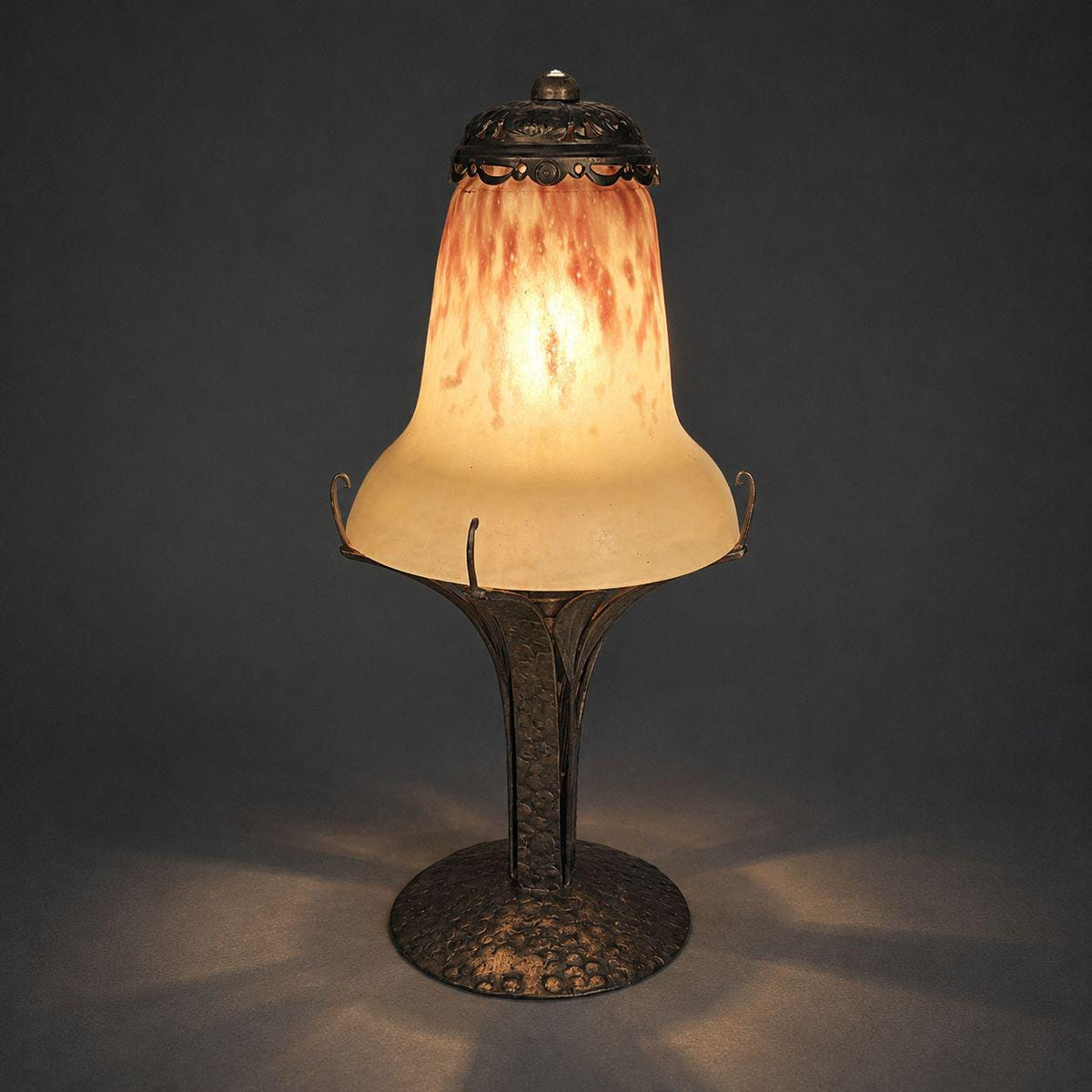 Vintage French Art Deco Wrought Iron Table Lamp with Mottled Yellow and Purple Art Glass Tulip Shade, Hammered Leaf Stem