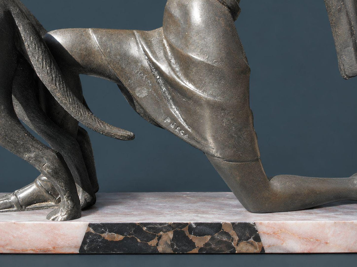 Vintage Art Deco Spelter Sculpture of a Kneeling Woman with Two Leaping Greyhounds on Marble Base, 1920s French Statue