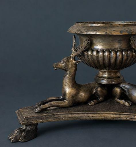 Antique 19th Century Bronze Grand Tour Inkwell with Three Reclining Stags, Gadrooned Urn on Triangular Base with Hoof Feet