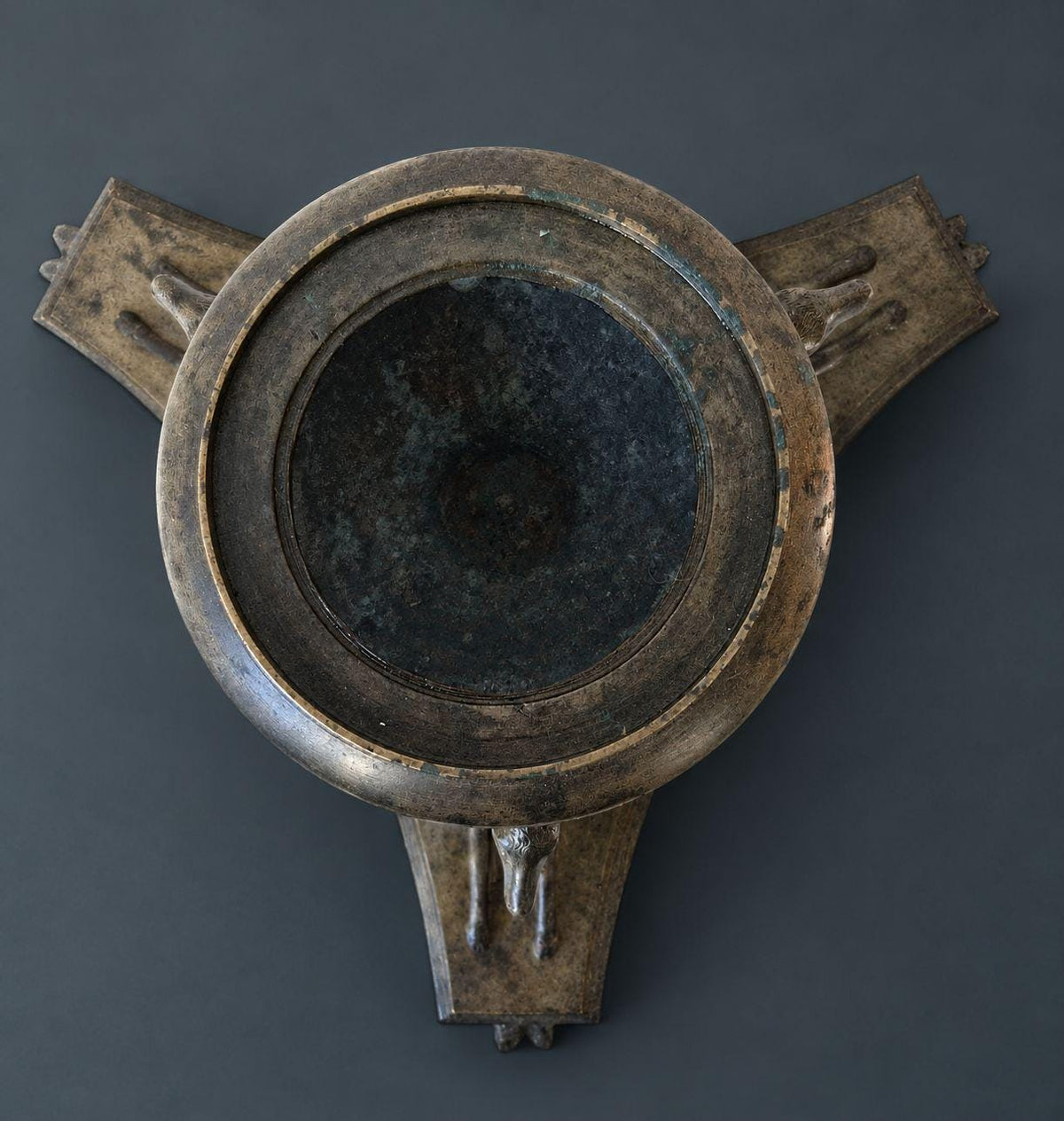 Antique 19th Century Bronze Grand Tour Inkwell with Three Reclining Stags, Gadrooned Urn on Triangular Base with Hoof Feet