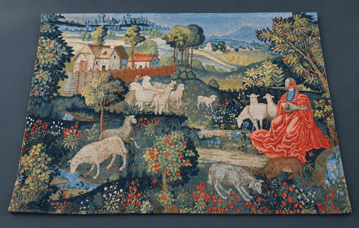Vintage Robert Four Aubusson Silkscreen Tapestry Replica, Concert Champetre Medieval Lady with Lute and Sheep, 71 x 55 in
