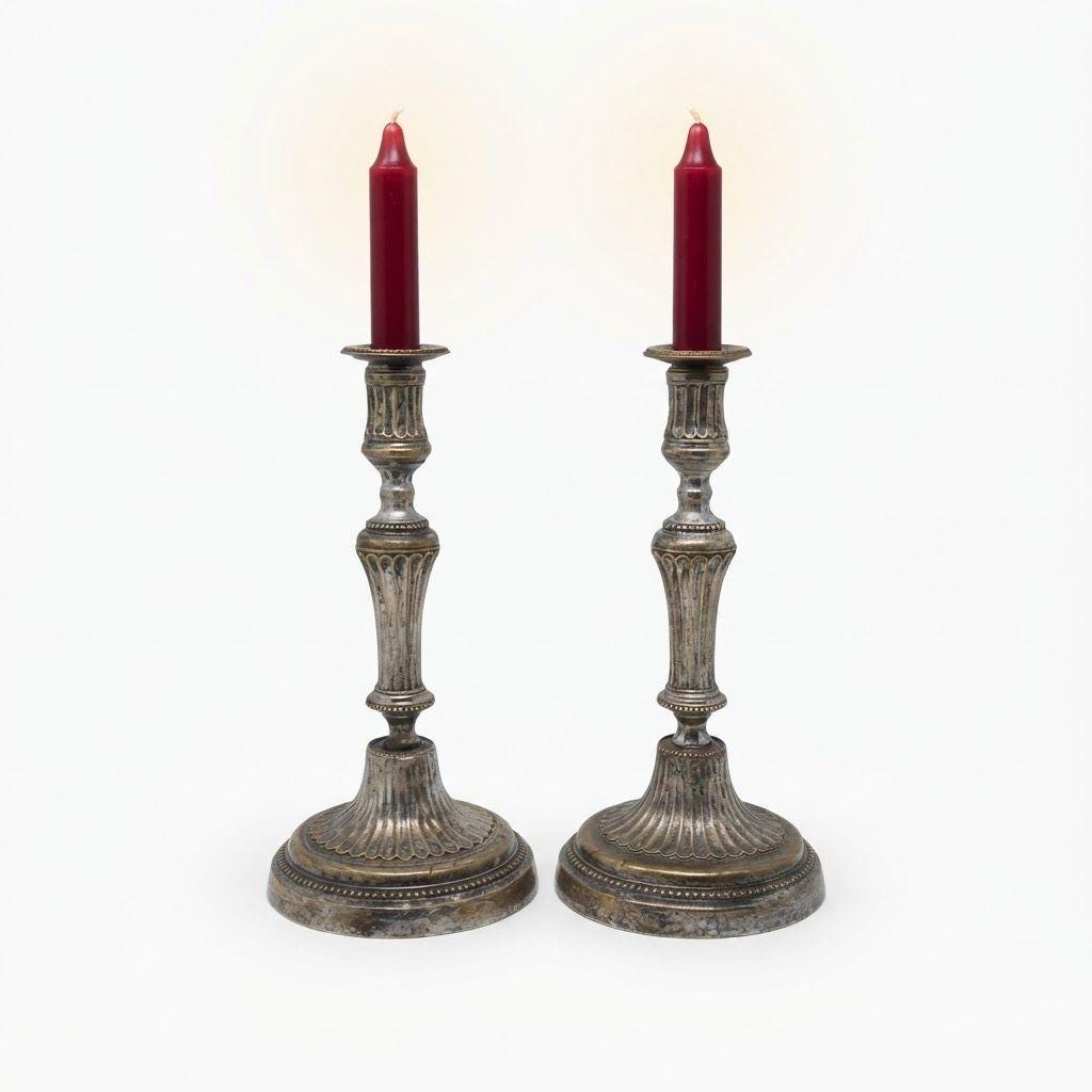 Pair of Antique 18th Century Louis XVI Silvered Bronze Candlesticks, Fluted Baluster Stems and Beaded Bands, Round Bases