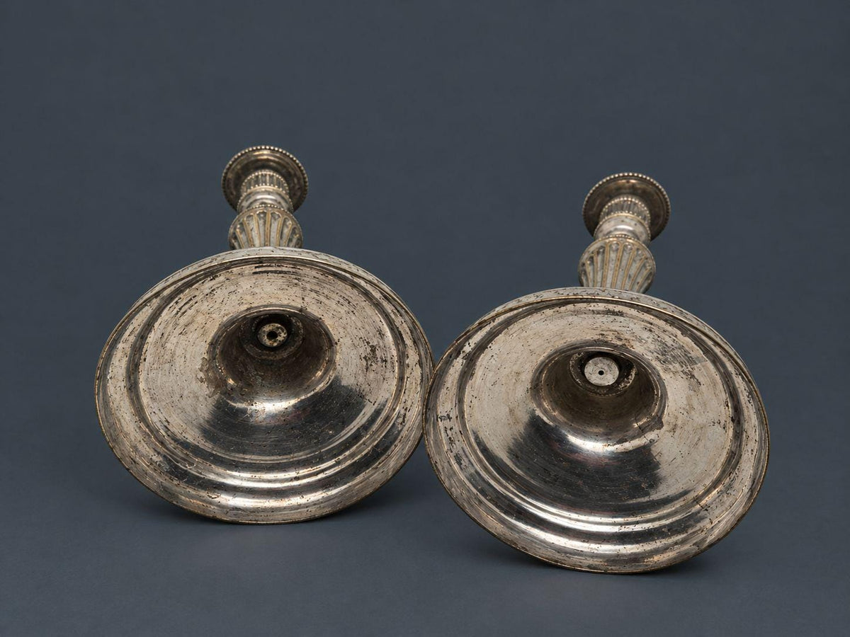 Pair of Antique 18th Century Louis XVI Silvered Bronze Candlesticks, Fluted Baluster Stems and Beaded Bands, Round Bases