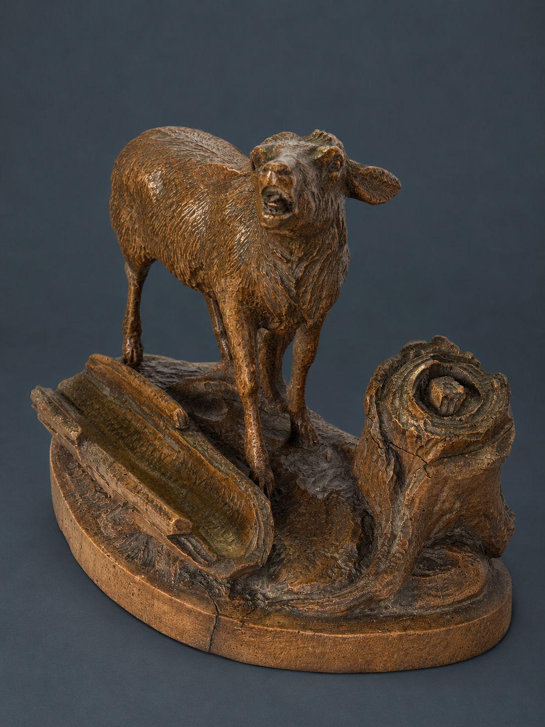 Antique 19th Century Black Forest Carved Wood Stag Desk Stand, Bellowing Deer with Pen Tray and Inkwell Stump, As Found