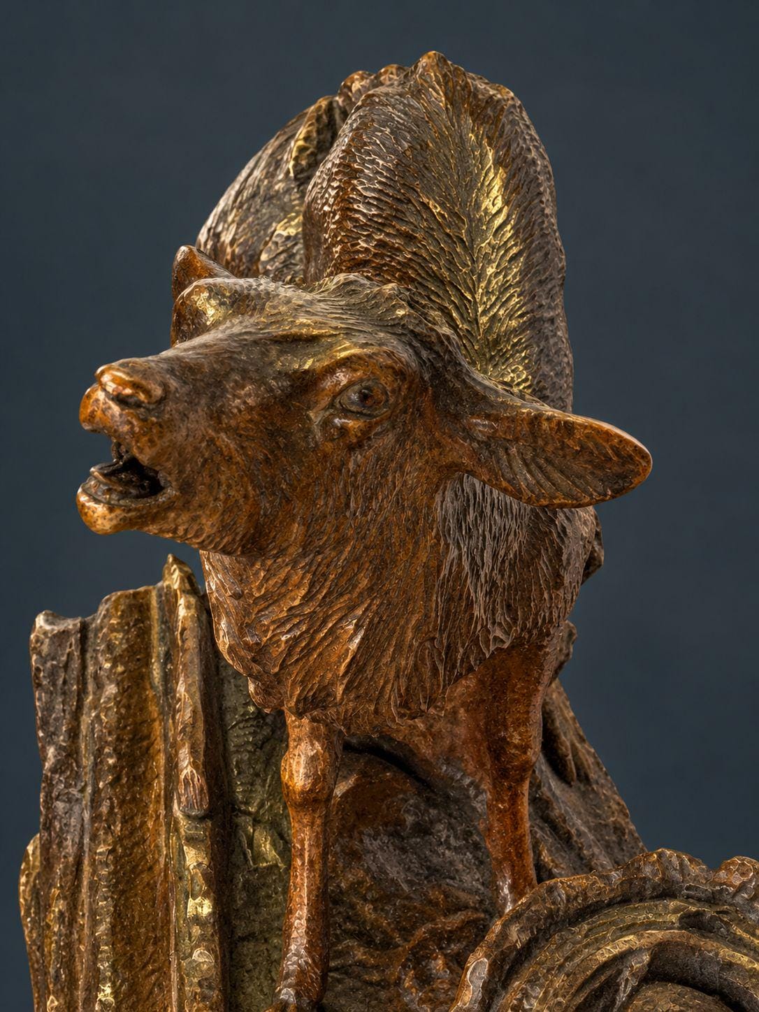 Antique 19th Century Black Forest Carved Wood Stag Desk Stand, Bellowing Deer with Pen Tray and Inkwell Stump, As Found