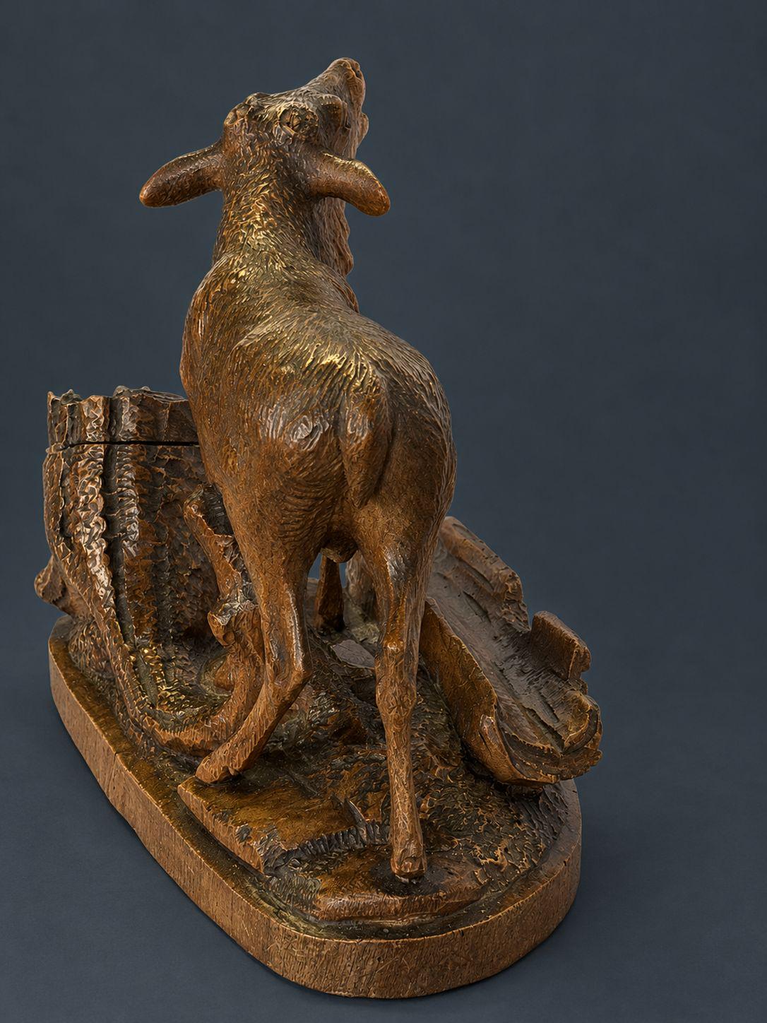 Antique 19th Century Black Forest Carved Wood Stag Desk Stand, Bellowing Deer with Pen Tray and Inkwell Stump, As Found
