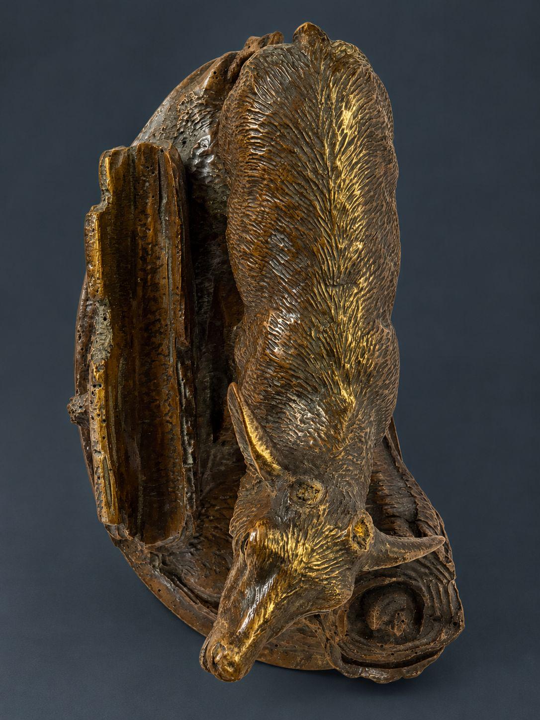 Antique 19th Century Black Forest Carved Wood Stag Desk Stand, Bellowing Deer with Pen Tray and Inkwell Stump, As Found