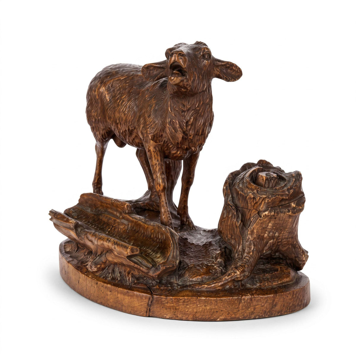 Antique 19th Century Black Forest Carved Wood Stag Desk Stand, Bellowing Deer with Pen Tray and Inkwell Stump, As Found