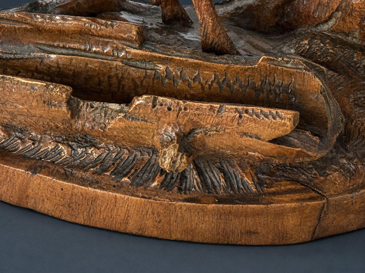 Antique 19th Century Black Forest Carved Wood Stag Desk Stand, Bellowing Deer with Pen Tray and Inkwell Stump, As Found