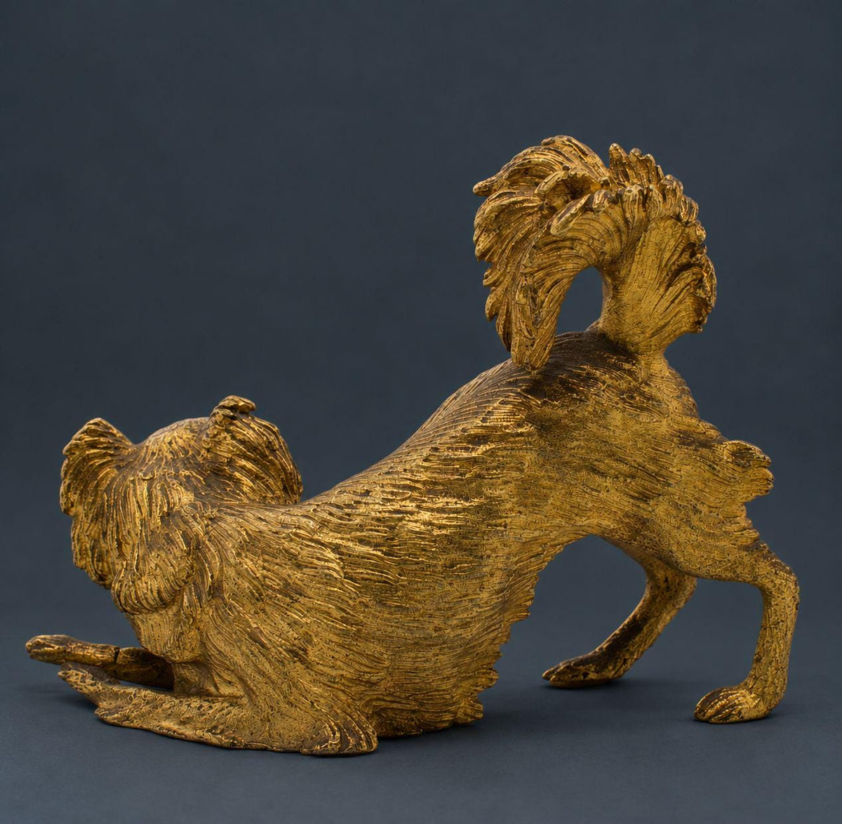Vintage Susse Freres Gilt Bronze Dog Figurine, Playful Pekingese in Play Bow with Plumed Tail, Foundry Marked, French Desk Decor