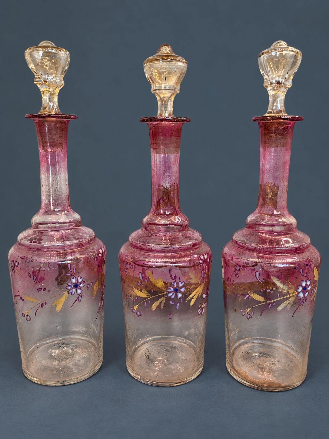 Antique Napoleon III Liqueur Set, Two Cranberry Enameled Glass Decanters and Cordial Glasses on Gilt Brass Mirrored Tray Stand