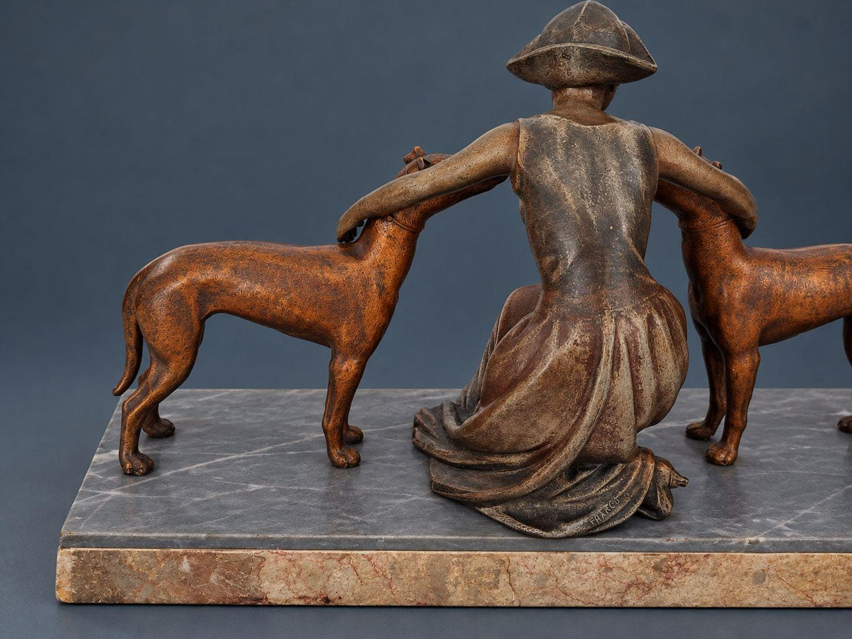 Vintage Art Deco Spelter Sculpture, Seated Young Woman Embracing Two Greyhounds, Marble and Onyx Base, 1930s Mantel Statue