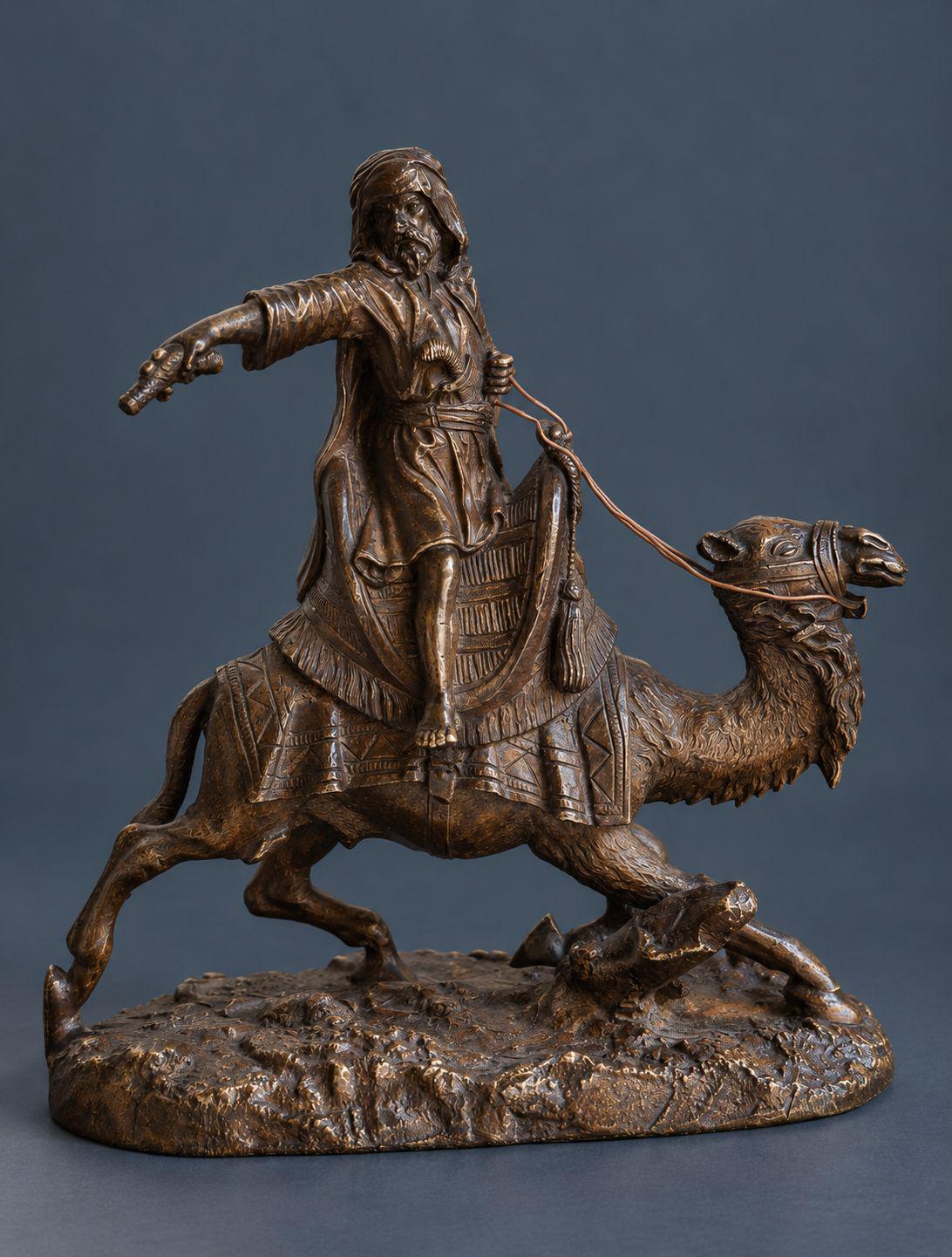 Antique Vienna Style Patinated Bronze Bedouin Rider on Camel, Orientalist Sculpture with Pistol and Wire Reins, circa 1900