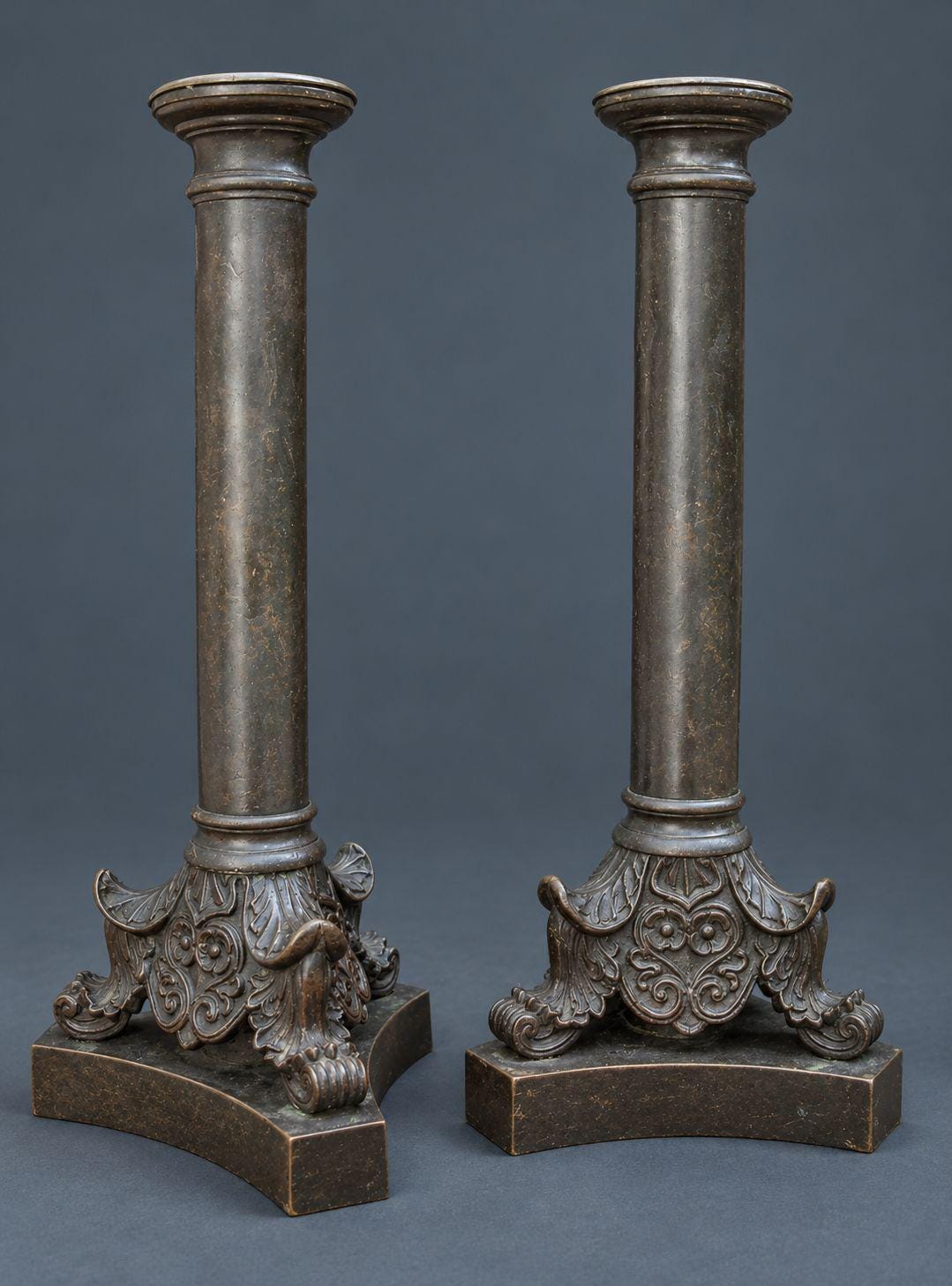 Pair of Antique French Asteare Patent Candlesticks, Spring-Loaded Column Candle Holders with Acanthus Tripod Bases, circa 1850