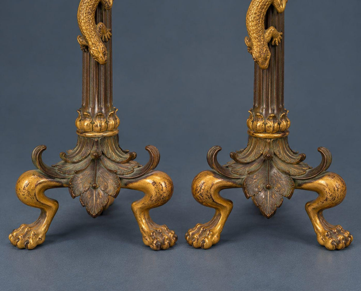 Pair of Antique Napoleon III Two-Tone Bronze Candlesticks with Climbing Lizards, Fluted Stems, Grape Vine Cups and Lion Paw Feet